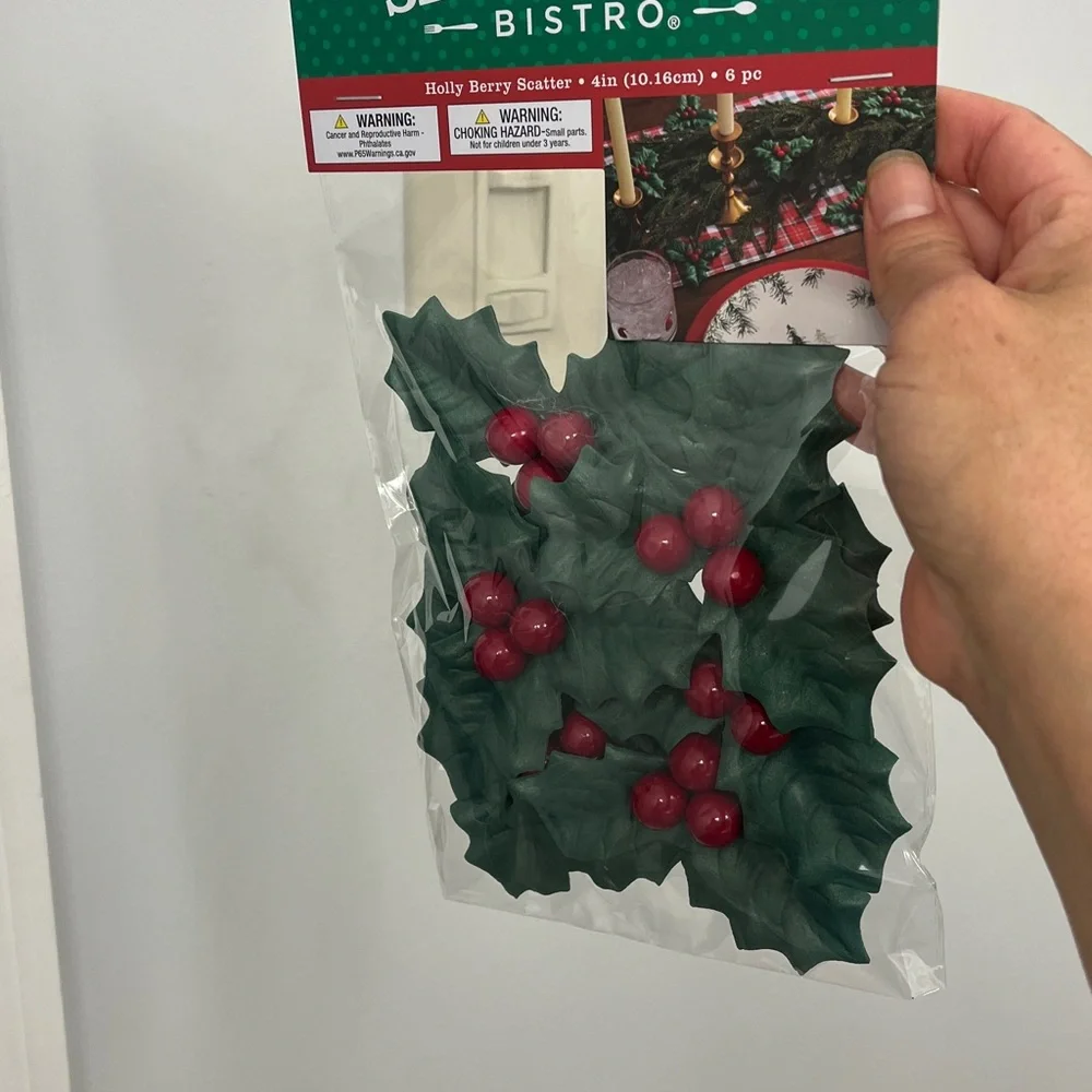 Red and Black Plaid Tablecloth and holly berry scatter